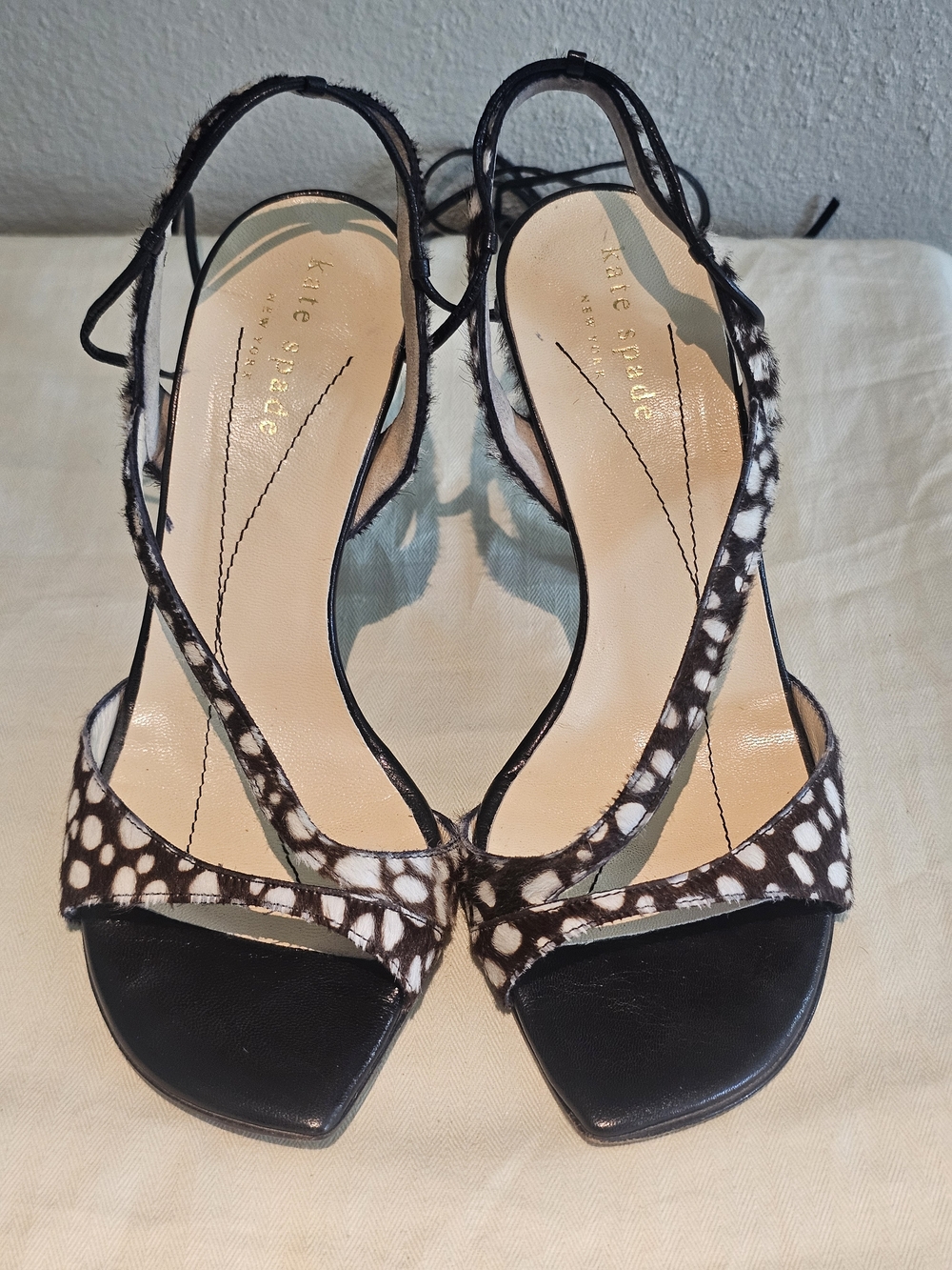 Kate Spade Sandals 3.25" Heel Ankle Ties In Brown Pony Hair W/White Spots Size 5